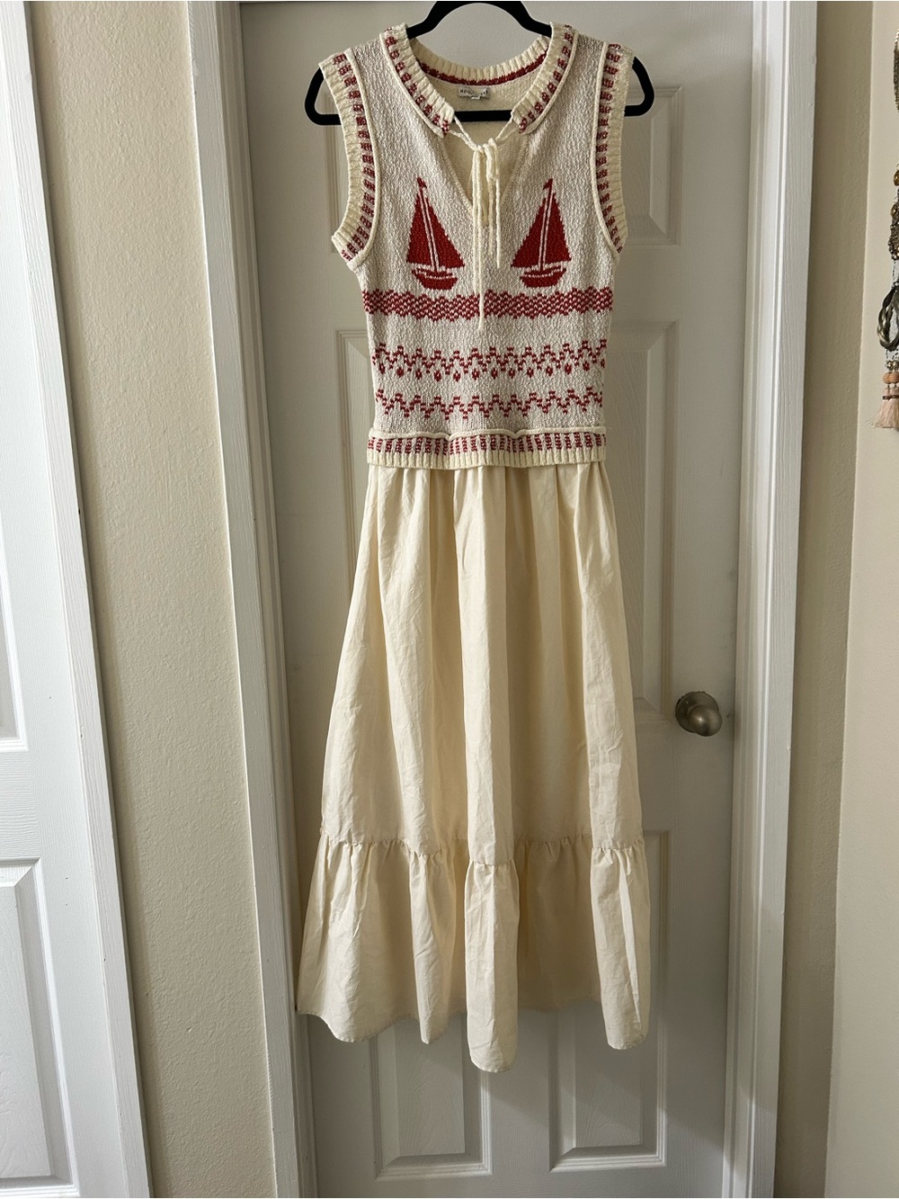 Moon River Cream Dress with Red Sailboat Knit Bodice